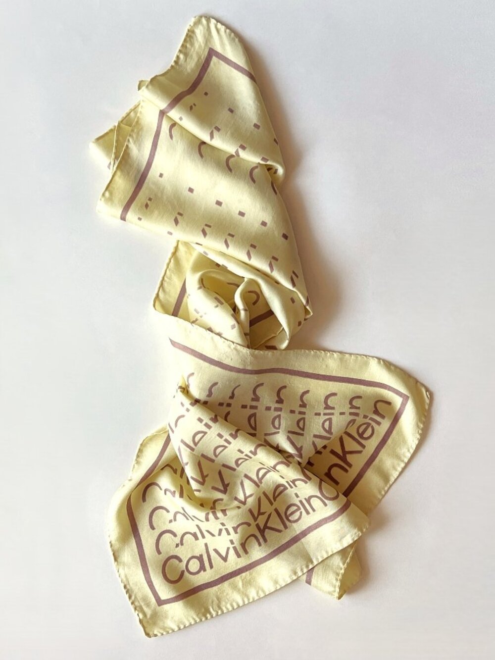 Calvin Klein Pastel Yellow 100% Silk Scarf 27" X 26" Graphic Print Vintage